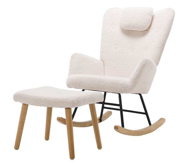 Fauteuil à Bascule Bouclette Confortable, Appui-tête Et Repose-pieds - Rocking Chair Design, Blanc