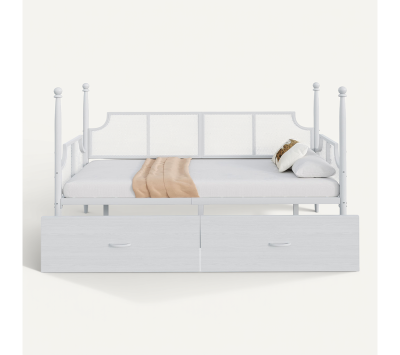 Lit Banquette 90x200 Cm - Lit Simple En Métal Avec Grand Espace De Rangement Et Dossier, Blanc