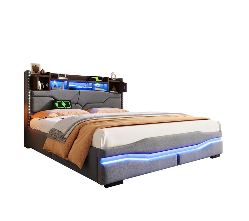 Lit Coffre Lit Double Avec USB, Type-c, LED Et Rangement 160×200 Cm, Sans Matelas