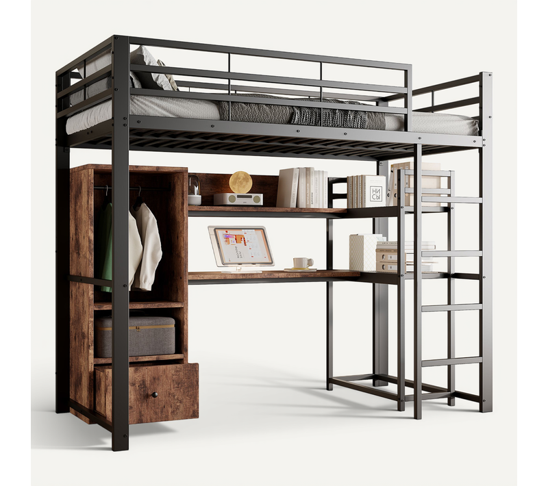 Lit Mezzanine 90×200 Cm Avec LED, Bureau, 1 Tiroir Et étagères, Avec Garde-corps, Noir