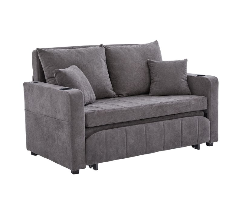Canapé Convertible 2 Places, Porte-gobelets Et Port USB, Style Moderne, Revêtement Chenille - Gris