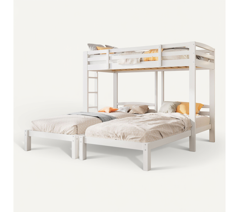 Lit Superposé Triple 90x200 Cm Enfant 3 Couches Avec Barrières, Bois Pin Blanc