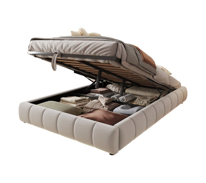 Lit Coffre 140x200 Cm - Lit Double Avec Rangement Intégré Et Éclairage LED - , Velours Beige