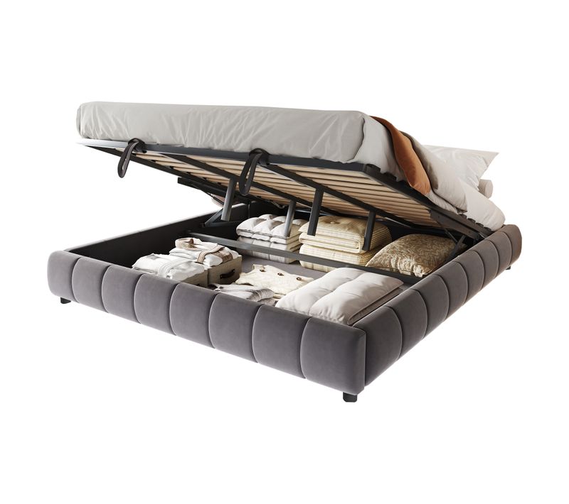 Lit Coffre Double 180x200 Cm - Éclairage LED, Moderne Et Espace De Rangement - , Velours Gris