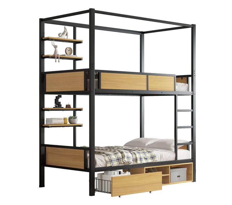 Lit Superposé 90x200 Cm - Lit Avec échelle Large Et Rangements Latéraux - Métal + Mdf - Noir