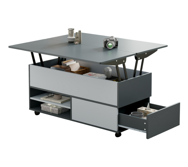 Table Basse 1 Armoire, 1 Tiroir, Rangement Semi-ouvert, Panneau De Particules, Gris Et Blanc