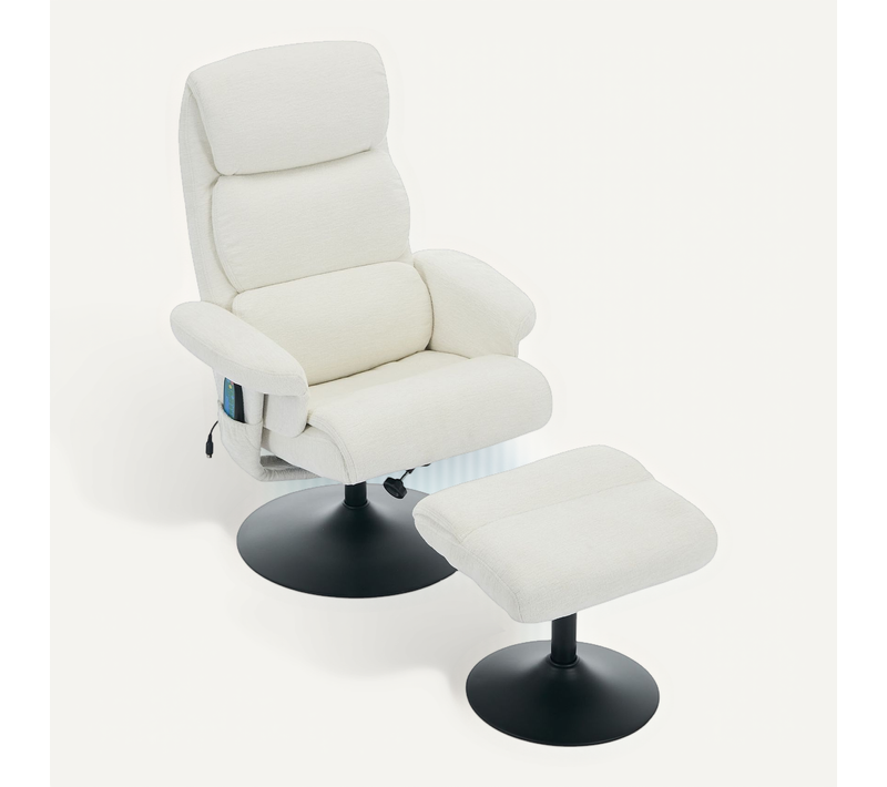 Fauteuil Relax Pivotant Massant 5 Points Avec Chauffage, Inclinable, Repose-pieds, Chenille Blanc