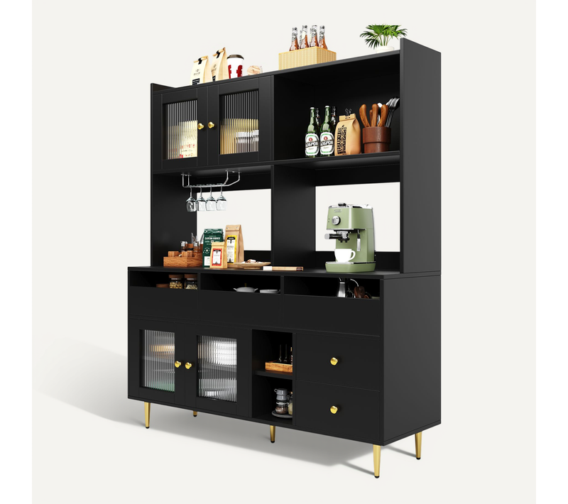 Vaisselier Design - Buffet Haut Avec Portes Vitrées Et Rangement Salle à Manger, Mdf Métal, Noir