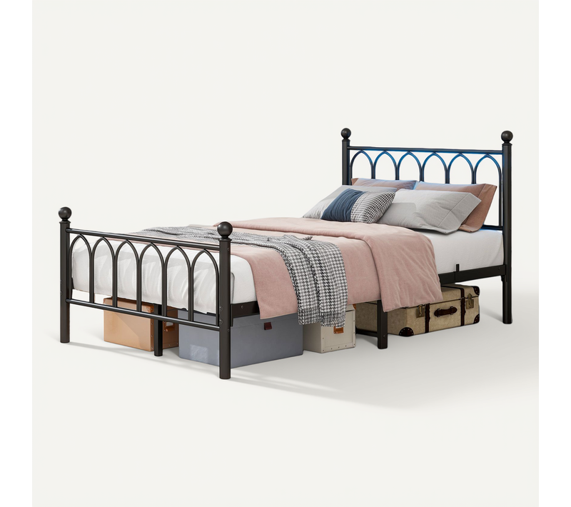 Lit Ado Simple 120x200 Cm - Vintage Avec LED Et Ports USB, Barres Acier Renforcées, Métal Noir