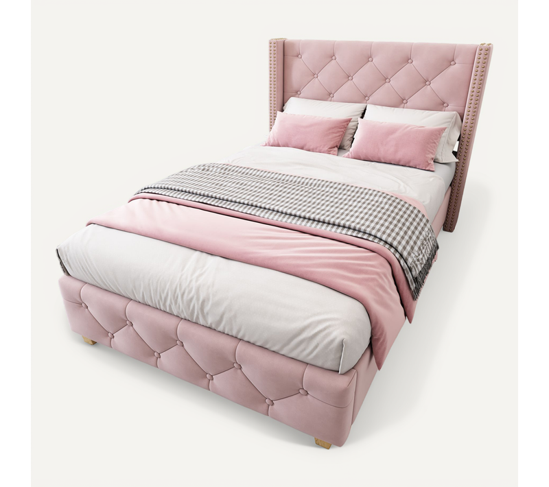 Lit Simple 90x200 Cm - Lit Capitonné Avec Tête De Lit Et Sommier à Lattes - Velours - Rose