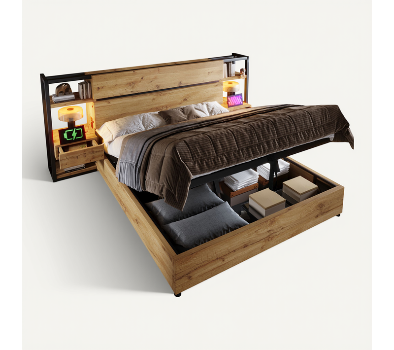 Lit Coffre Double 160x200 Cm – Rangement Hydraulique Et Tête De Lit, Mdf + Contreplaqué, Chêne
