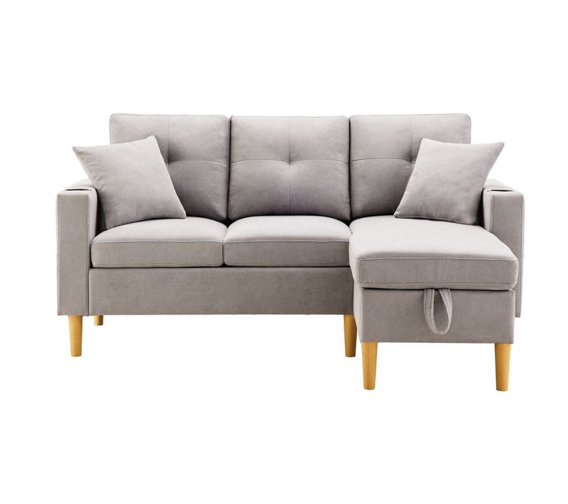 Canapé D'angle 3 Places, Chaiselongue, Rangement, Porte-gobelets, Tissu Coton-lin - Gris Clair