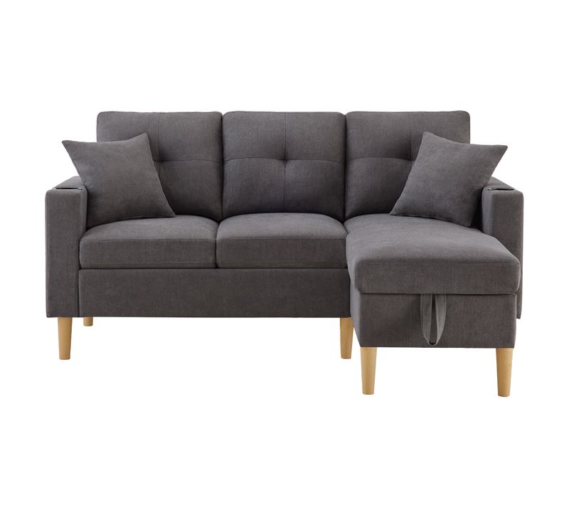 Canapé D'angle 3 Places, Chaiselongue, Rangement, Porte-gobelets, Tissu Coton-lin - Gris Foncé