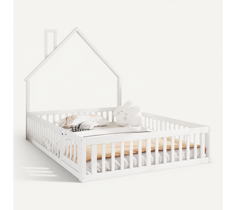 Lit Cabane 140 X 190 Cm - Lit Enfant Rembourré Avec Lattenrost - Pin + Mdf - Blanc