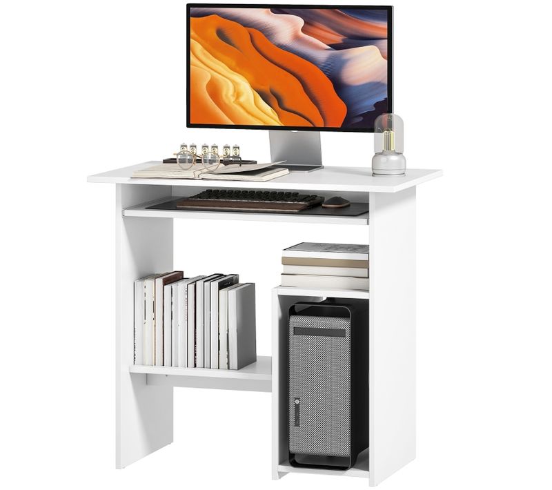 Bureau Avec Tiroir Clavier Et Étagères Ouvertes, Rangement, Table Ordinateur Bois, Blanc