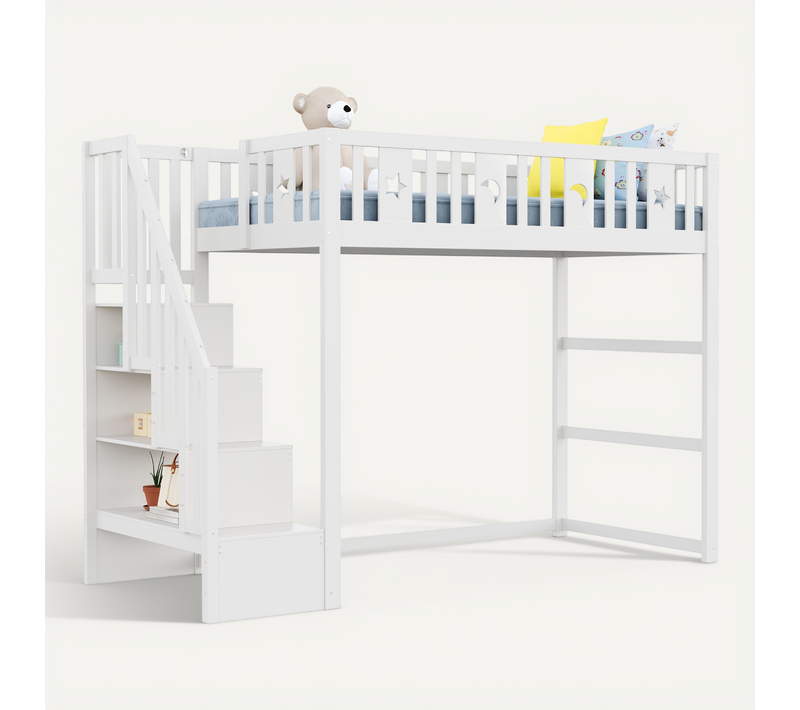 Lit Mezzanine Enfant 90x200 Cm - Escalier Intégré, Sécurité, Décor Lune étoiles, Bois, Blanc