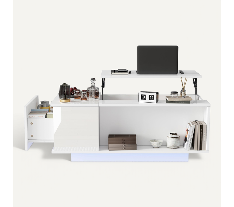 Table Basse Blanche Plateau Relevable Avec Tiroir Et LED Via Appli - 100x50x40 Cm