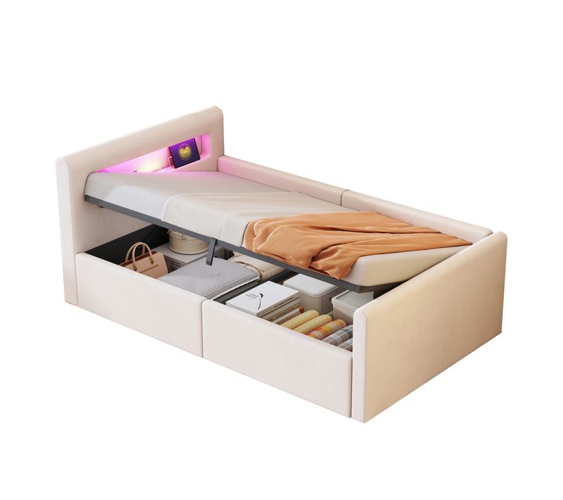 Lit Coffre 90x200 Cm - Lit Simple Avec Rangement Et LED, Port USB, Tissu Velours Et Métal, Beige