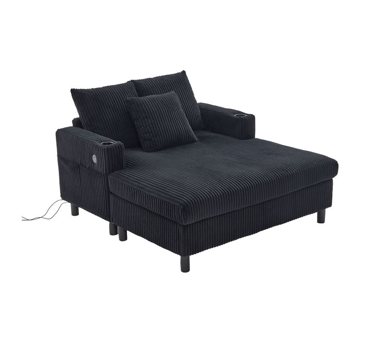 Canapé Fixe 2 Places Avec Porte-gobelets Latéraux, Ports USB Et éclairage LED - Velours - Noir