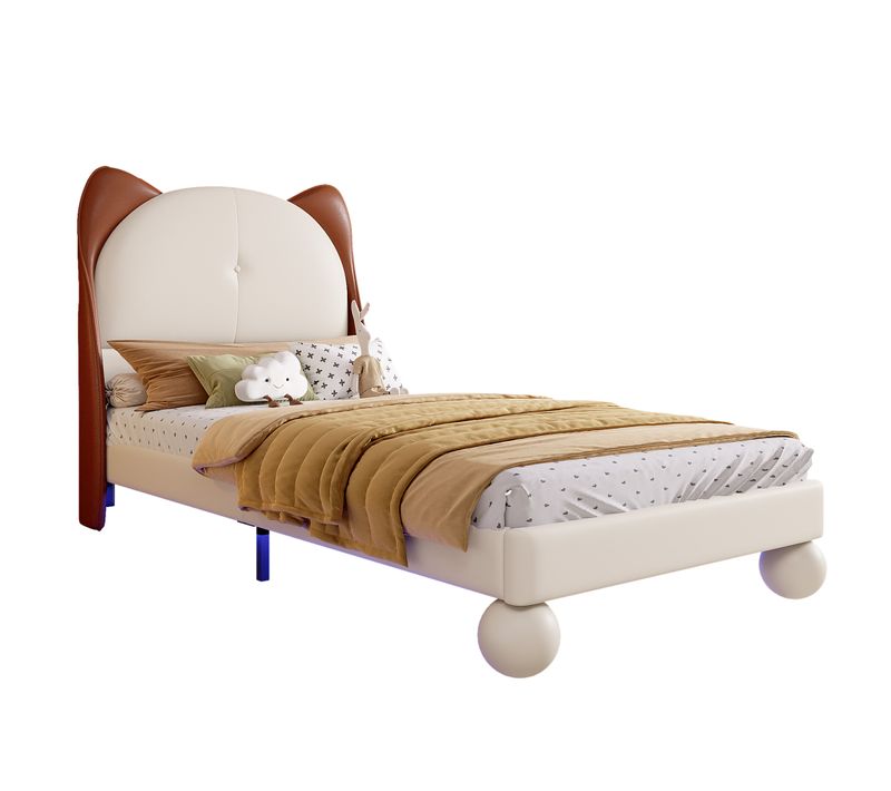 Lit Enfant 90x200 Cm - Lit Tête De Chat Avec LED Intégrée - Pu - Beige