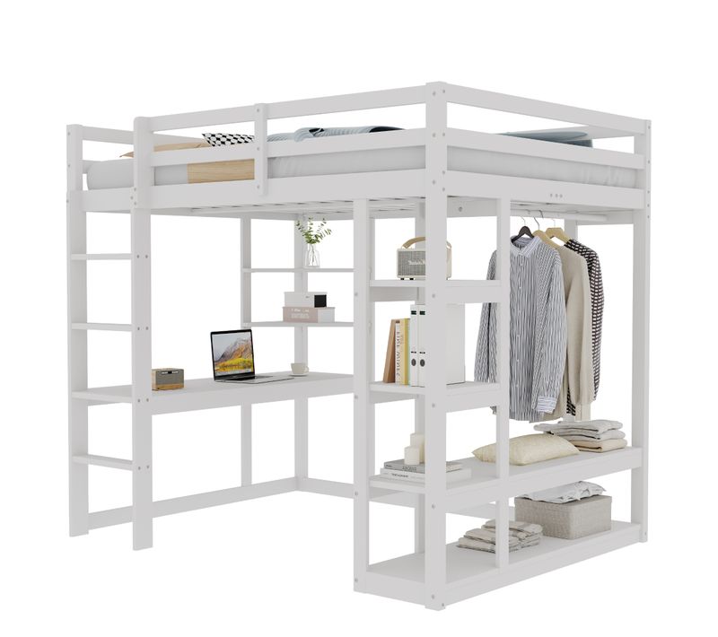Lit Mezzanine 140×200 Cm Double Avec Bureau, Rangements Et Échelle, Pin Et Mdf, Blanc