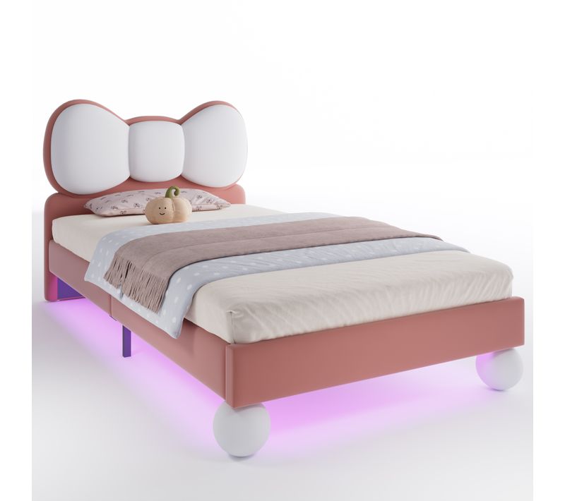 Lit Enfant 90x200 Cm - Lit Avec Tête De Lit En Ailes Et LED - Velours - Rose