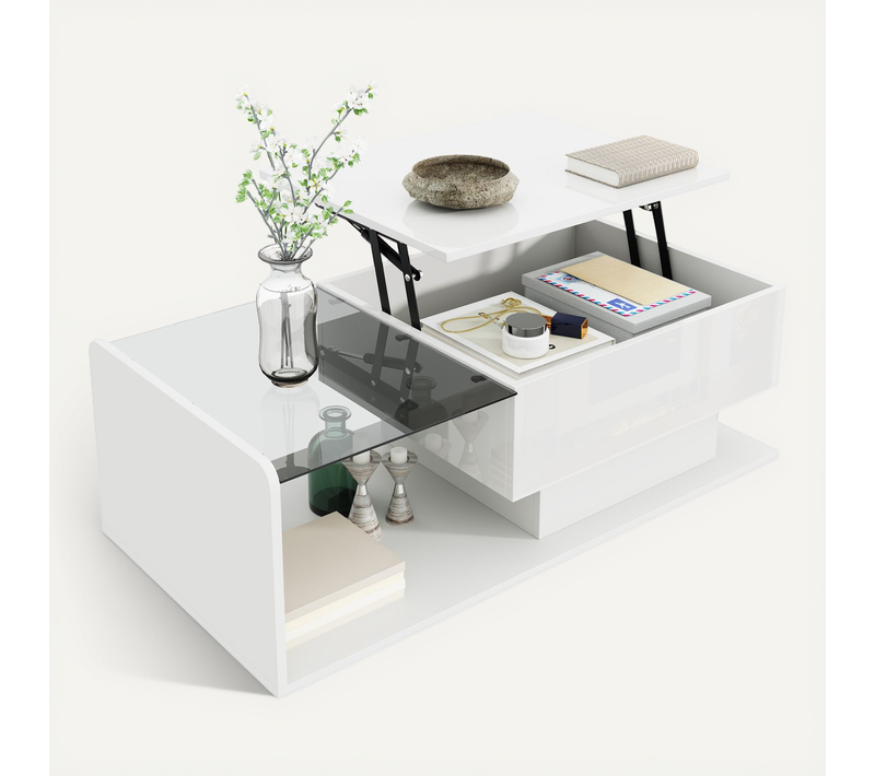 Table Basse - Table D’appoint Multifonction, Plateau Verre, Rangement Et LED, Pb/spanplatte, Blanc