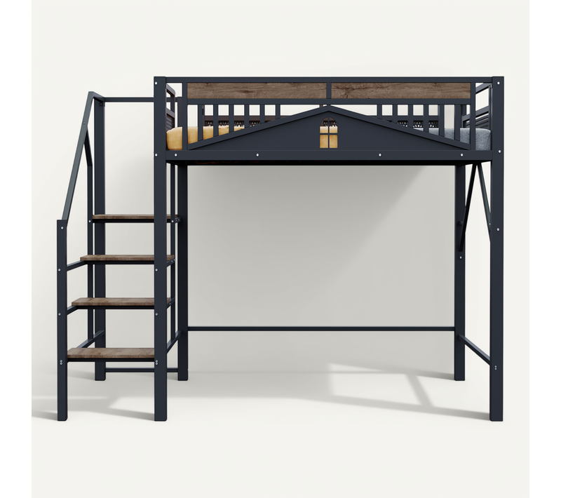 Lit Mezzanine 140×200 Cm, échelle Sécurisée, Rangements Latéraux, Design Fenêtre, Noir