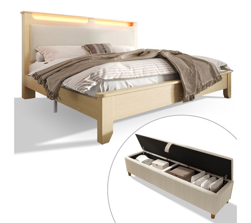 Lit Avec Rangement 160x200 Cm - Lit Double Avec LED Intégrée Et Banc Coffre - Chêne Clair Et Beige