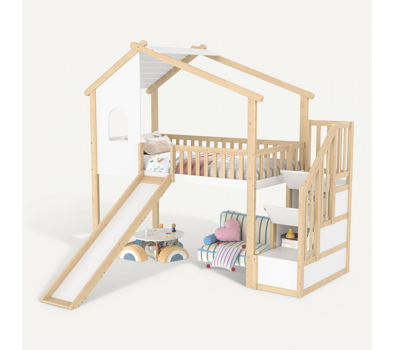 Lit Mezzanine Cabane 90x200 Cm Avec Rangement Sous Escalier Et Toboggan, Pin Et Mdf, Blanc/naturel