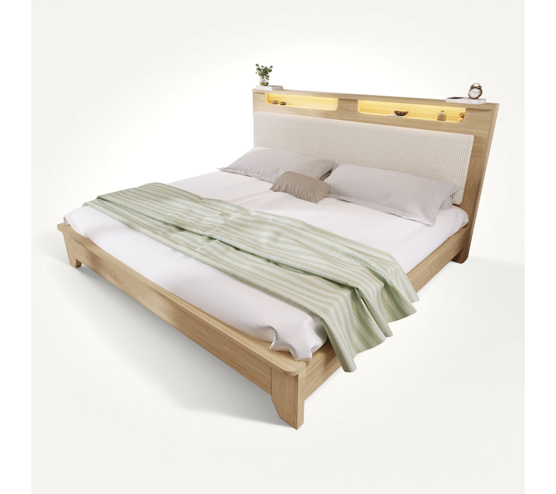 Lit Avec Rangement 180x200 cm - Lit Double Avec LED - Velours Côtelé Beige, Chêne Clair