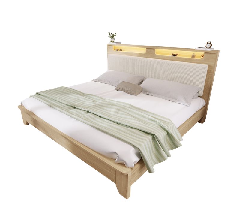 Lit Avec Rangement 140x200 Cm - Lit Double Avec LED Et Velours Côtelé, Beige Et Chêne Clair