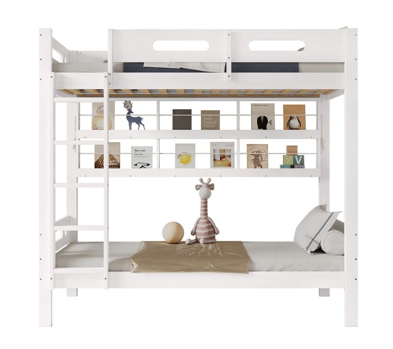 Lit Superposé 90x200 Cm Enfant, Barrière Sécurité, Étagère Ouverte Et Rangements, Pin + Mdf, Blanc