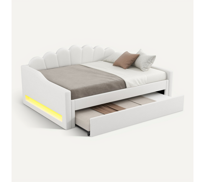 Lit Gigogne 140x200 Cm - Lit Simple Avec Lit D'appoint Extensible - Mdf Et Lin - Beige