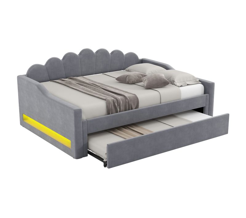 Lit Gigogne 140x200 Cm - Lit Simple Avec Lit D'appoint Extensible - Mdf Et Lin - Gris