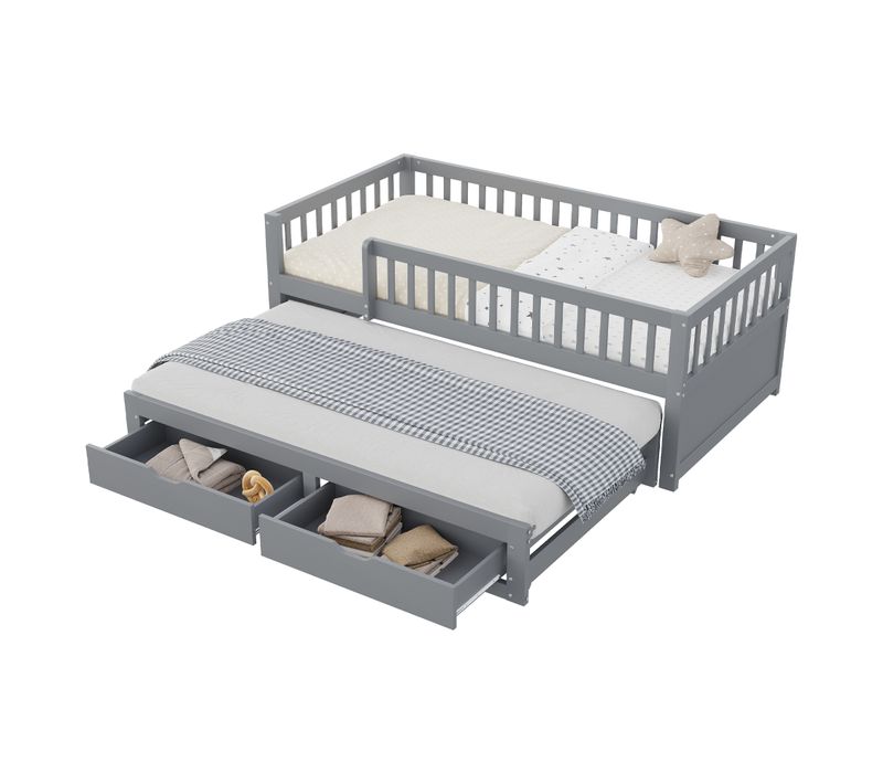 Lit Gigogne 90x200 Cm Enfant Simple, Barrière De Sécurité, 2 Tiroirs, Bois Et Mdf, Gris