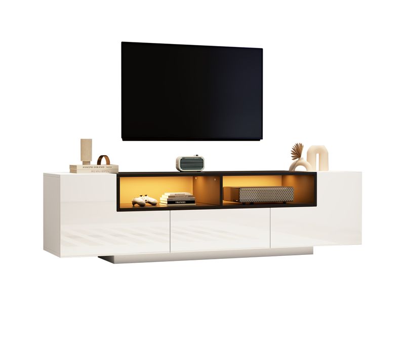 Meuble TV Lowboard LED, 2 Armoires, 1 Tiroir, Rangement TV 75", Panneau De Particules, Blanc