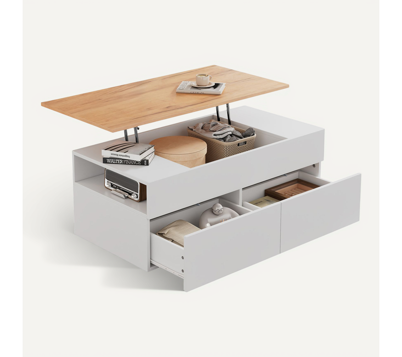 Table Basse Avec 2 Tiroirs Et Espace De Rangement - Mdf - 100x50x40 Cm - Blanc + Bois Naturel