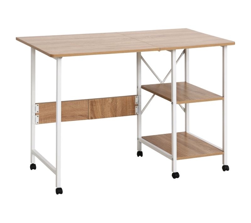 Bureau Pliant Mobile Compact Avec Roulettes, Table D’appoint Gain De Place, Mdf, Blanc/naturel