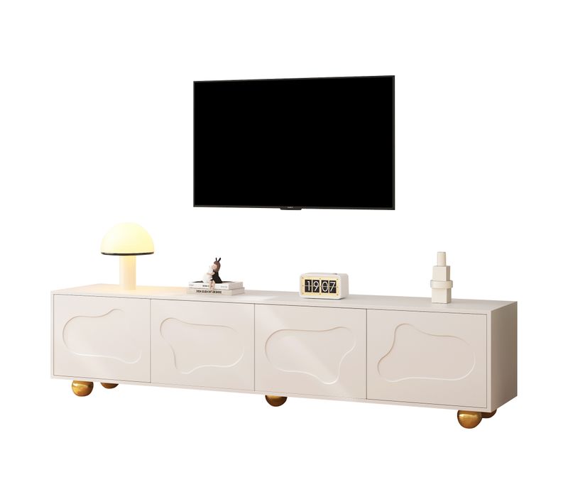 Meuble TV Avec 2 Armoires Et Pieds Métalliques Solides, Compatible TV 75 Pouces, Blanc