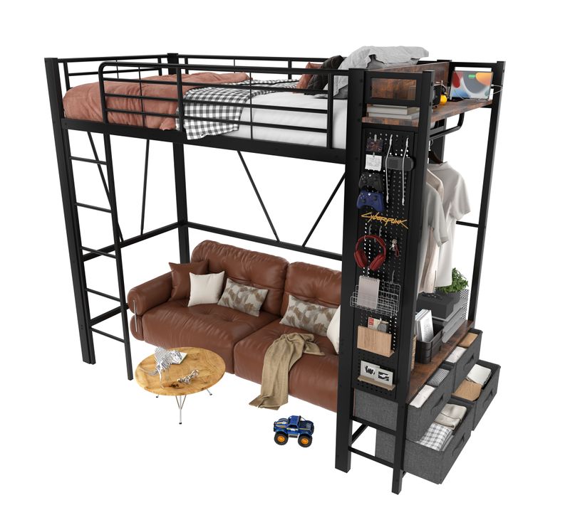 Lit Mezzanine 90x200 Cm - Lit Déco Avec Bureau Et Rangement - Métal Et Mdf - Noir