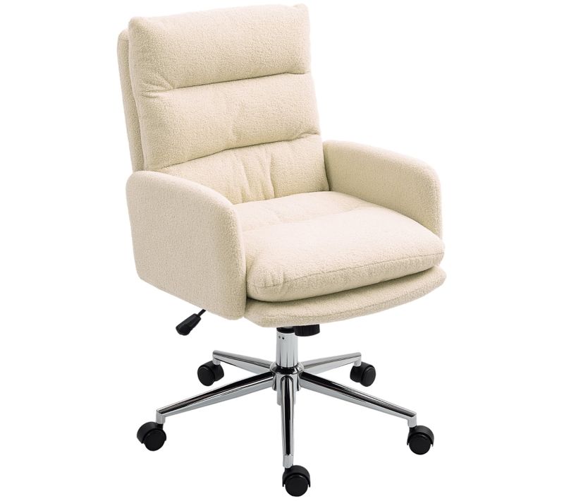 Fauteuil De Bureau Pivotant Réglable Avec Accoudoirs Et Bascule, Tissu Bouclette - Crème