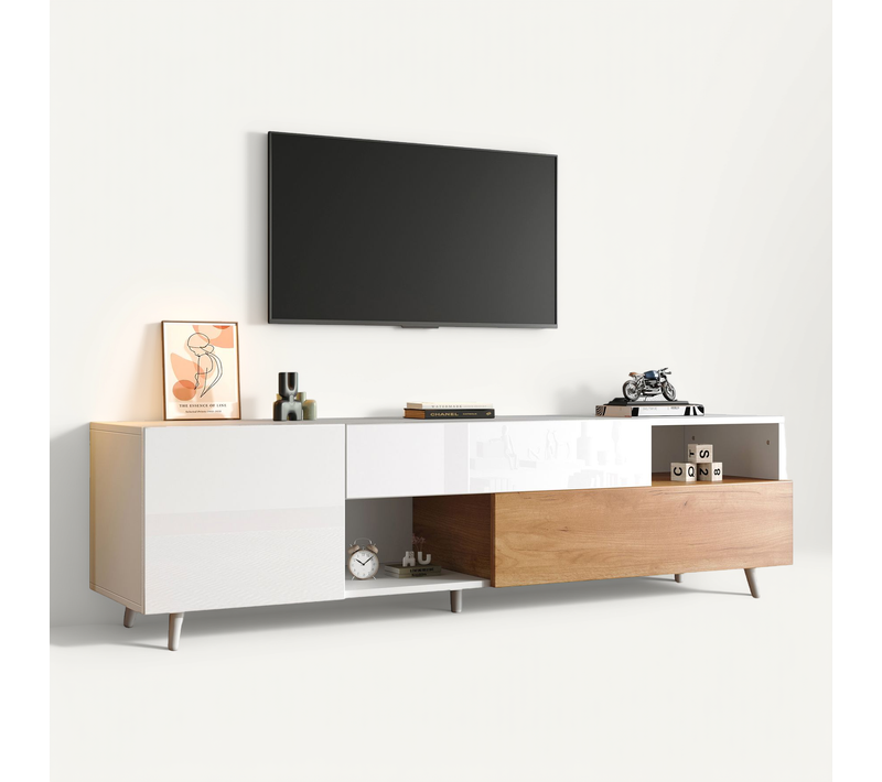 Meuble TV Avec 1 Tiroir, 2 étagères Ouvertes Et Armoires, Compatible TV 65–75 Pouces, Blanc Et Bois