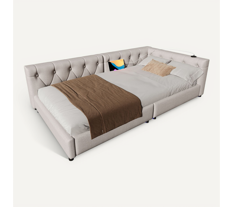 Lit Banquette 90x200 Cm - Lit Simple Capitonné Avec Ports USB Type-c Et éclairage LED - Beige