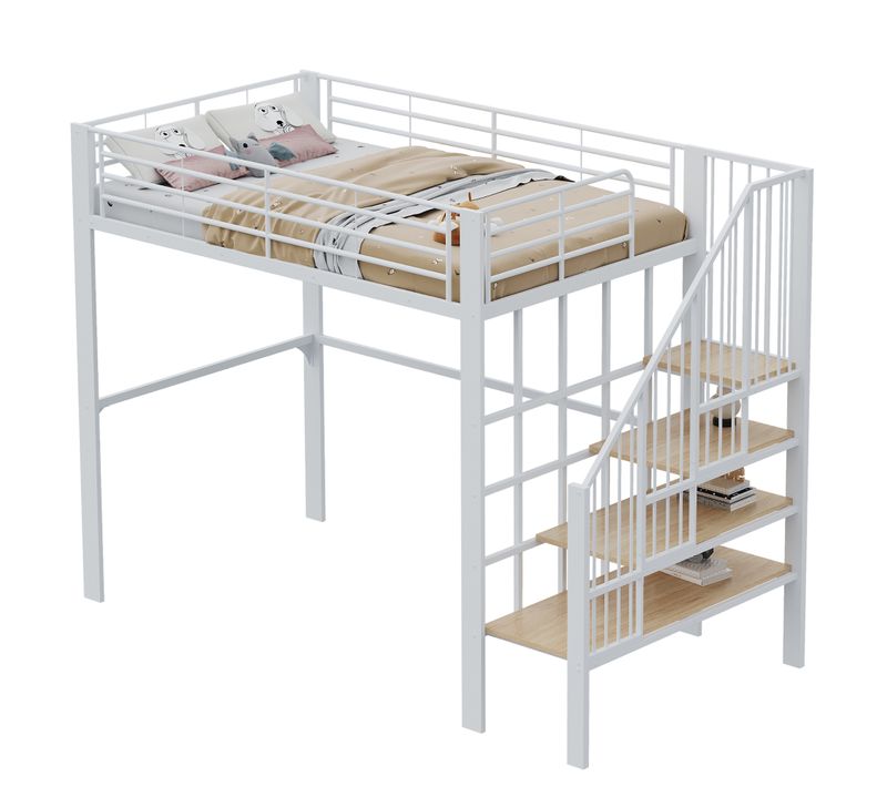Lit Mezzanine Double 140x200 Cm - Rangement Et Escalier, Structure Métallique Robuste - Blanc