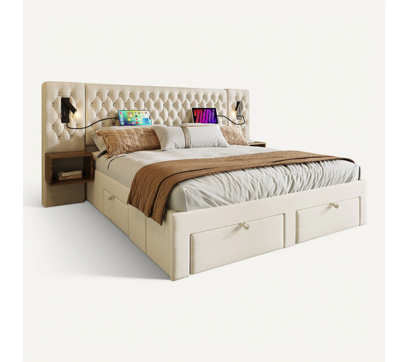 Lit 180x200 Cm Double Capitonné Adulte Avec Tiroirs, Chevet, Tête Lumineuse USB, Velours Beige