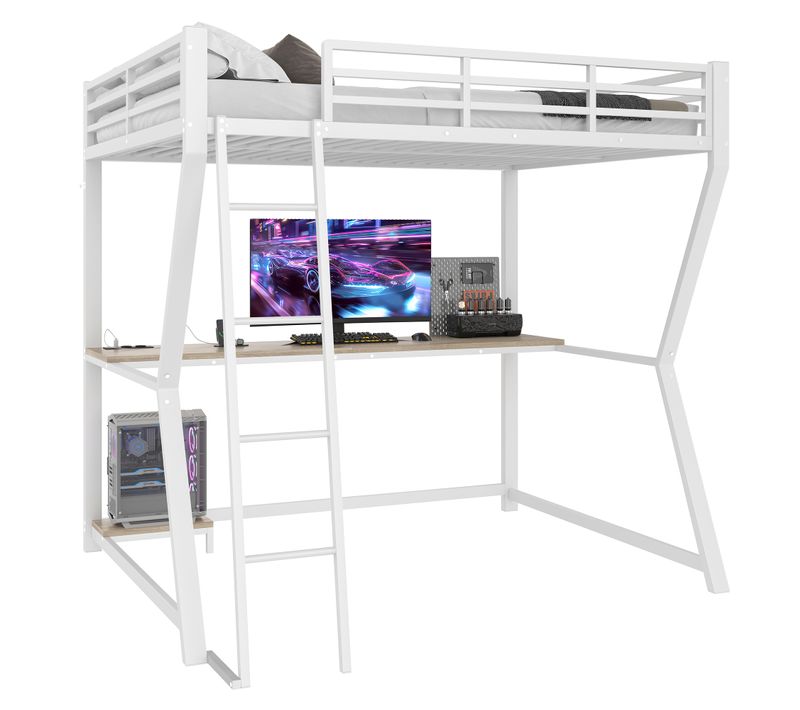 Lit Mezzanine 140×200 Cm Avec Bureau, Prises USB Et LED, Escalier Sécurisé, Métal Et Mdf, Blanc
