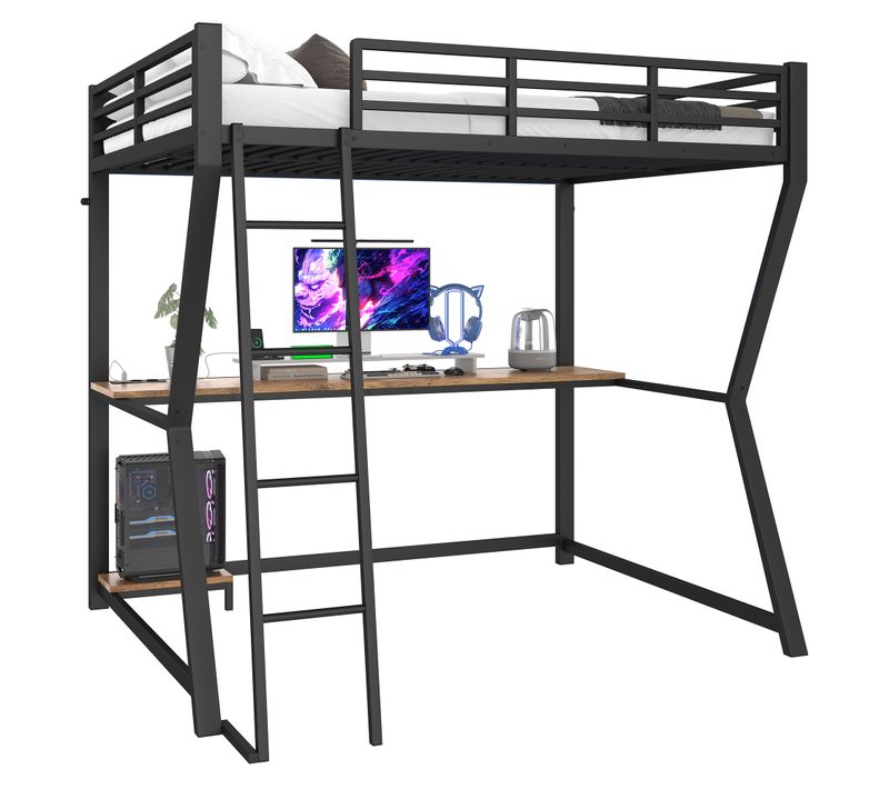 Lit Mezzanine 140×200 Cm Avec Bureau, Prises USB Et LED, Escalier Sécurisé, Métal Et Mdf, Noir