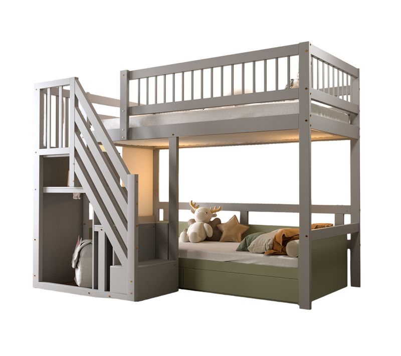 Lit Superposé 90x200 Cm - Lit Enfant Avec échelle Et Rangement Intégré, Structure En Bois - Gris