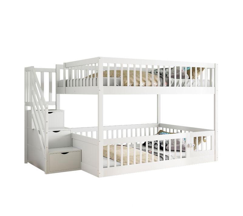 Lit Superposé 140x200 Cm Enfant Avec Rangement, Échelle, Garde-corps Sécurité, Bois, Blanc